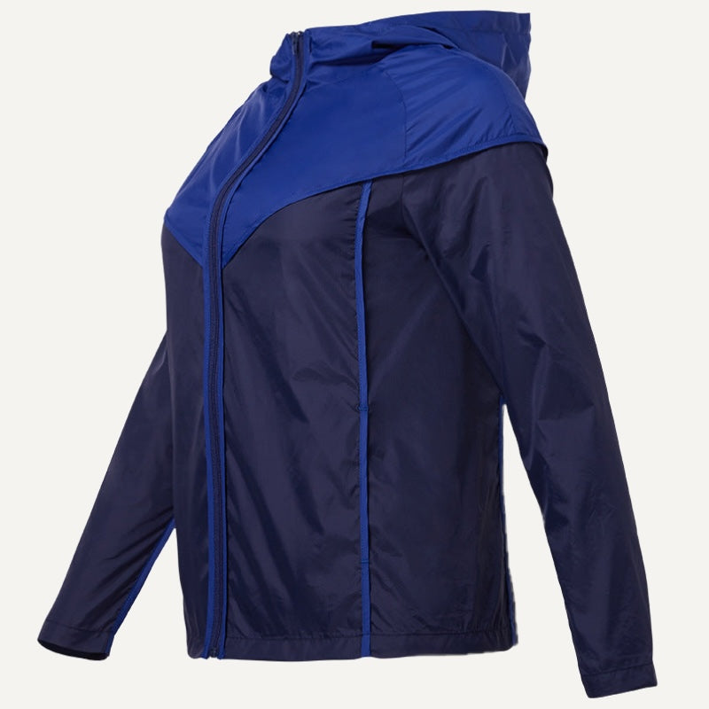 Colorblock Hooded Workout Jacket with Front Zipper - Blue Navy