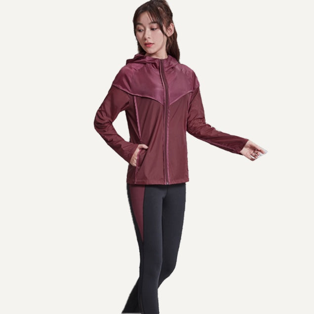 Colorblock Hooded Workout Jacket with Front Zipper - Wine