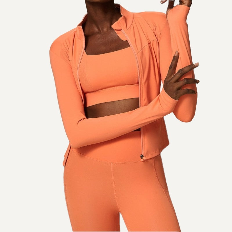 Stand-Collar Zip-Up Workout Jacket with Thumbholes - Orange