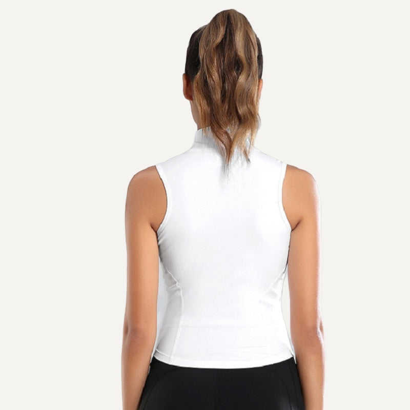 Sleeveless Zip-Up Workout Top with Stand Collar - White