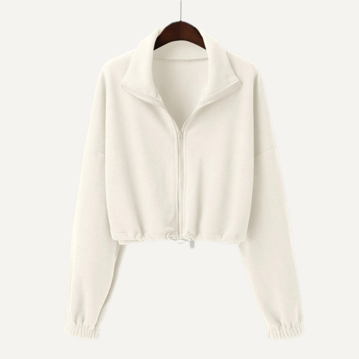 Cropped Full-Zip Fleece Jacket with Drawcord Hem - Ivory