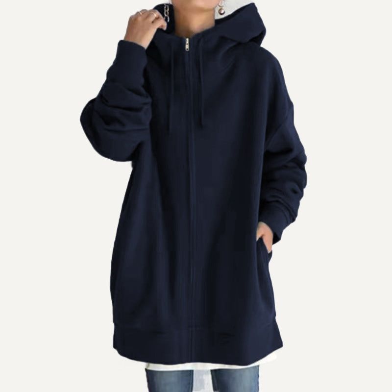 Longline Full-Zip Hoodie with Front Pockets - Navy