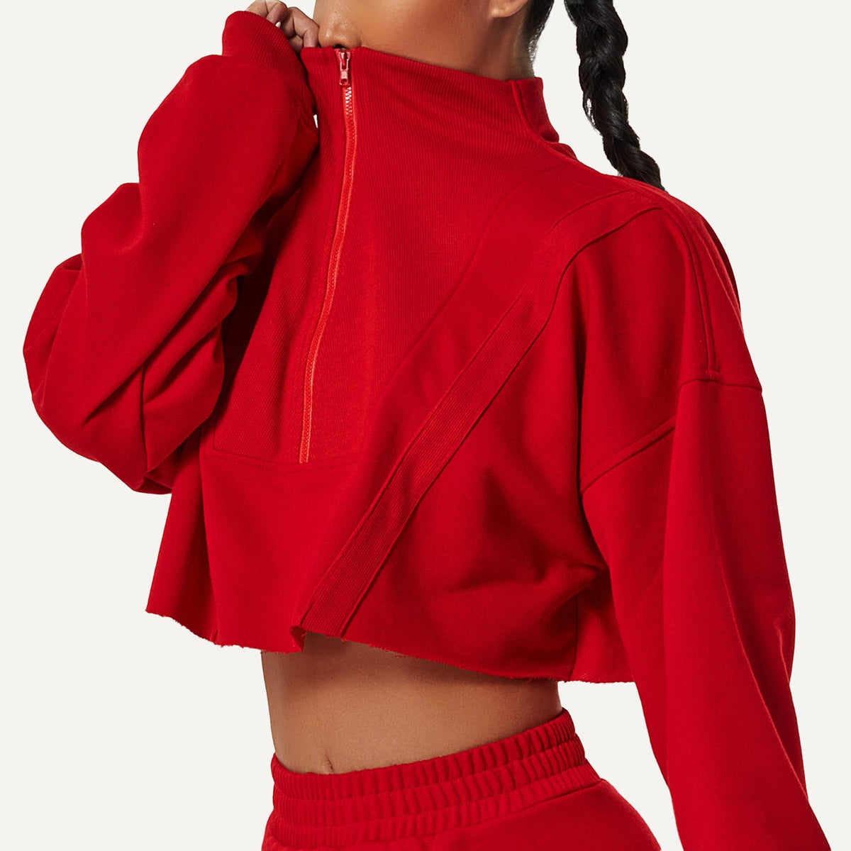 Cropped Half-Zip Sweatshirt with Stand Collar - Red