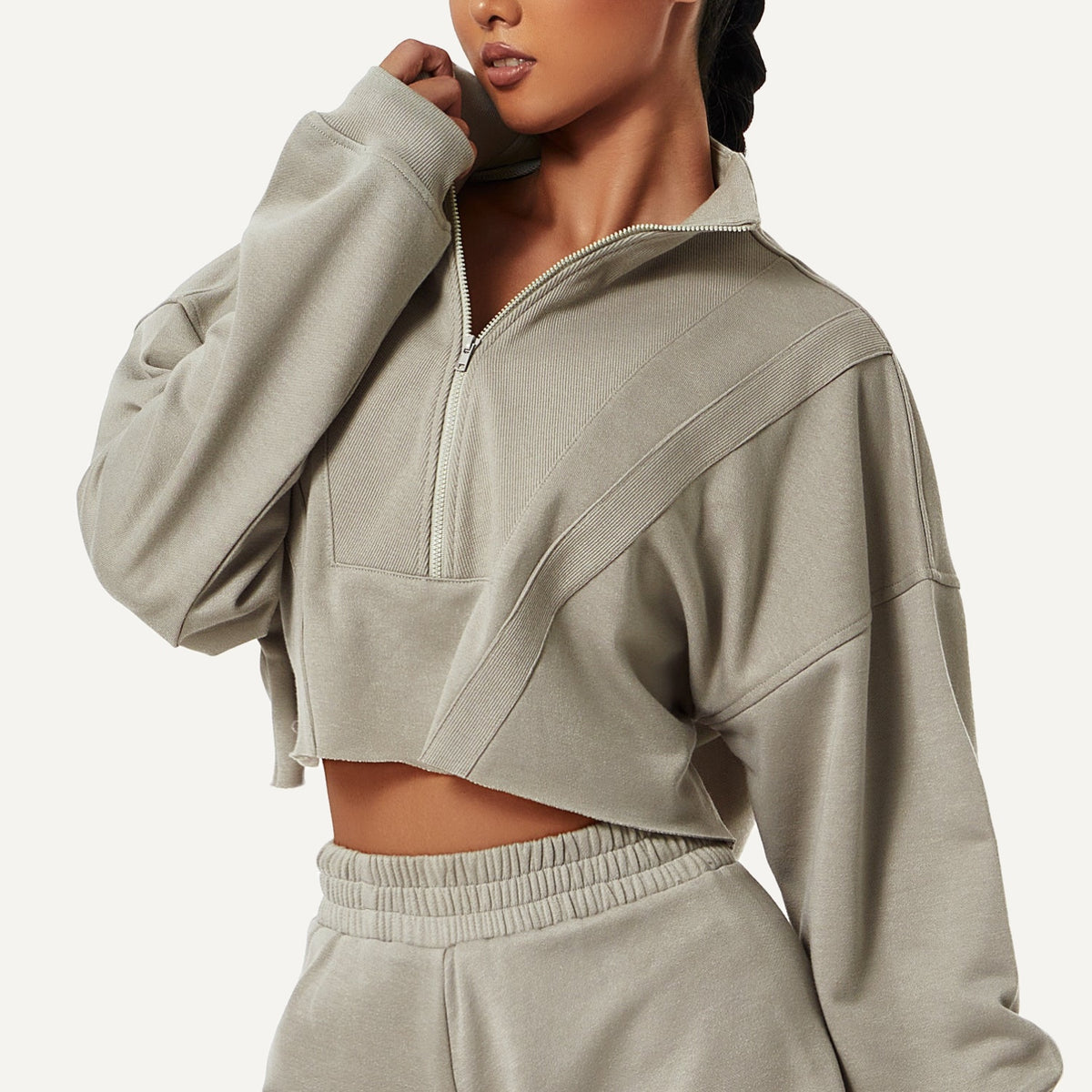 Cropped Half-Zip Sweatshirt with Stand Collar - Gray Beige
