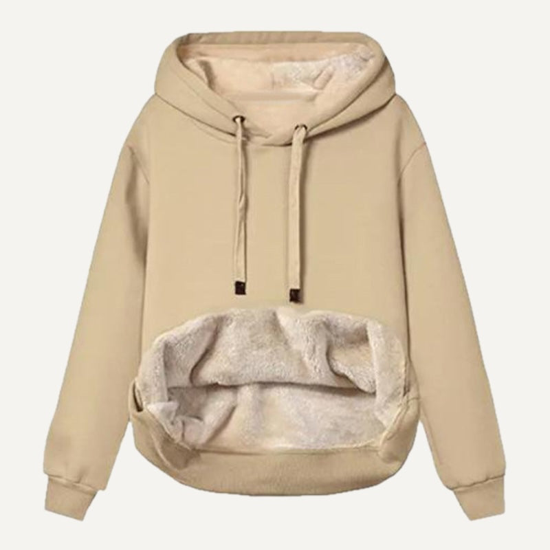 Fleece-Lined Pullover Hoodie with Kangaroo Pocket - Beige