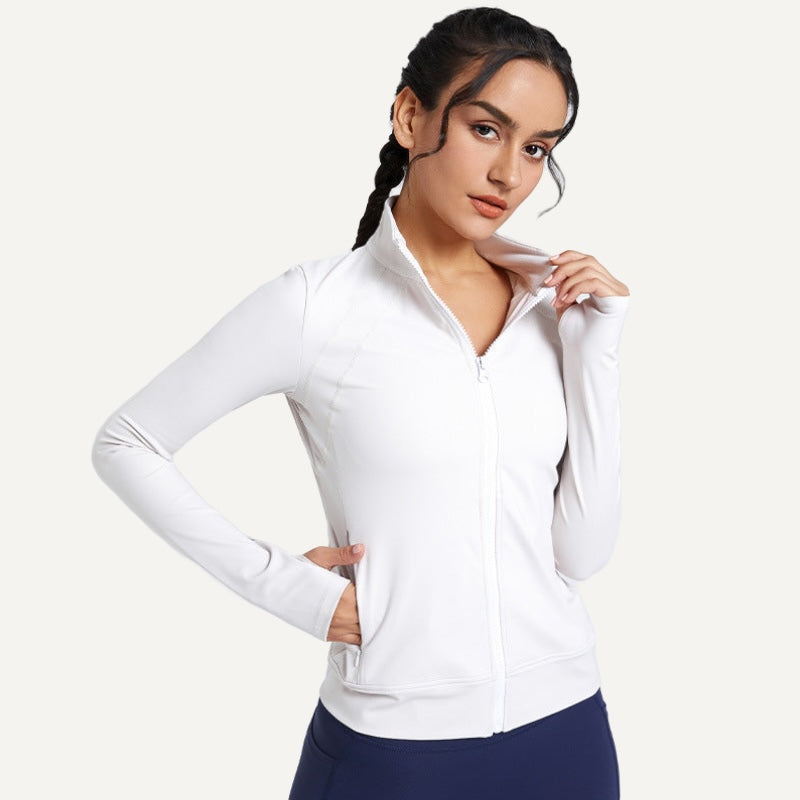 Stand-Collar Zip-Up Workout Jacket - White