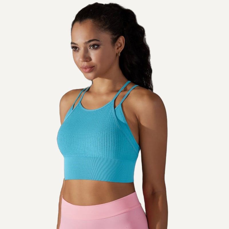 Ribbed Double-Strap Workout Crop Top - Turquoise