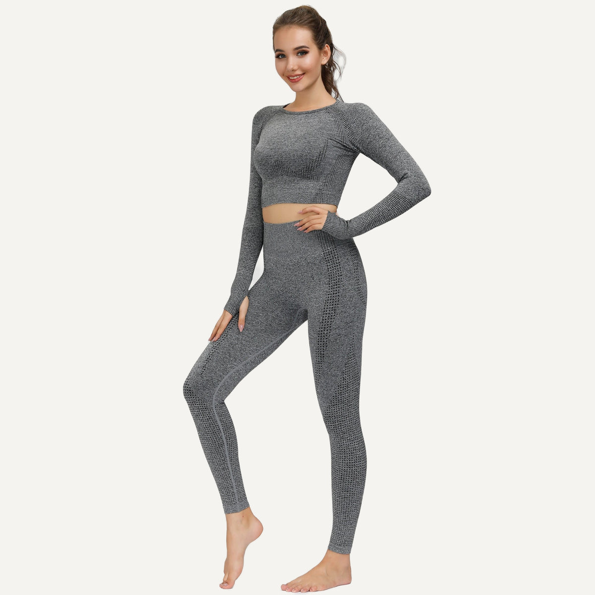 Heathered Long Sleeve Crop Top - Gray