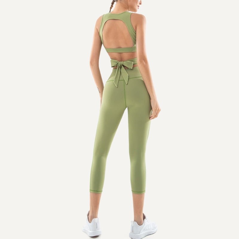 Tie-Back Crop Top and Cropped Leggings Set - Sage