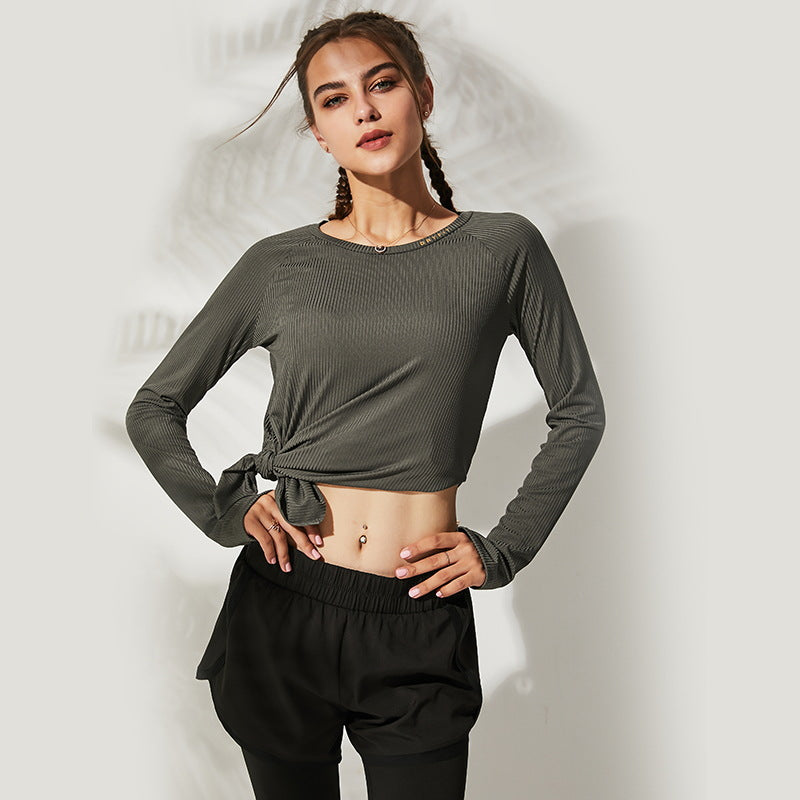Ribbed Long Sleeve Top with Curved Hem - Olive