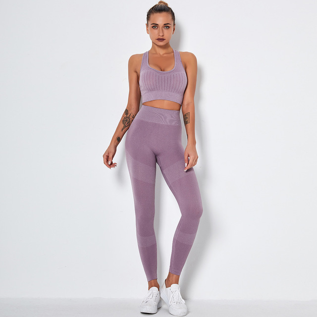 Ribbed Crop Top and Colorblock Leggings Set - Mauve