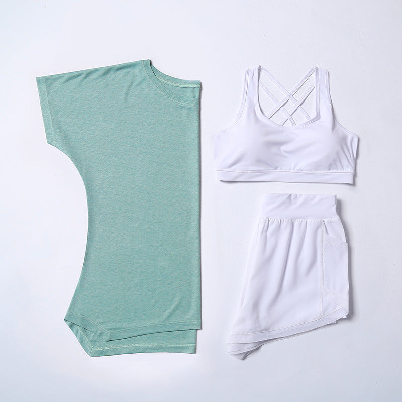 Three-Piece T-Shirt, Bra and Shorts Set - Mint