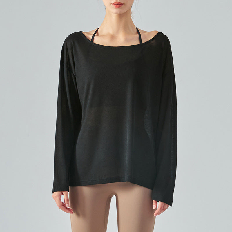 Sheer Long Sleeve Top with Wide Neckline - Black