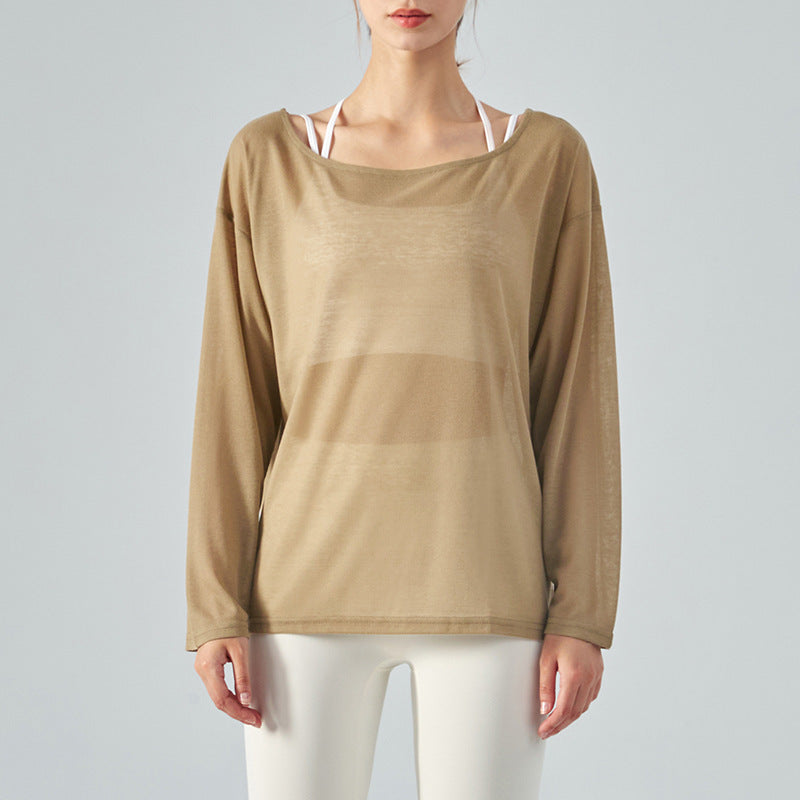 Sheer Long Sleeve Top with Wide Neckline - Khaki