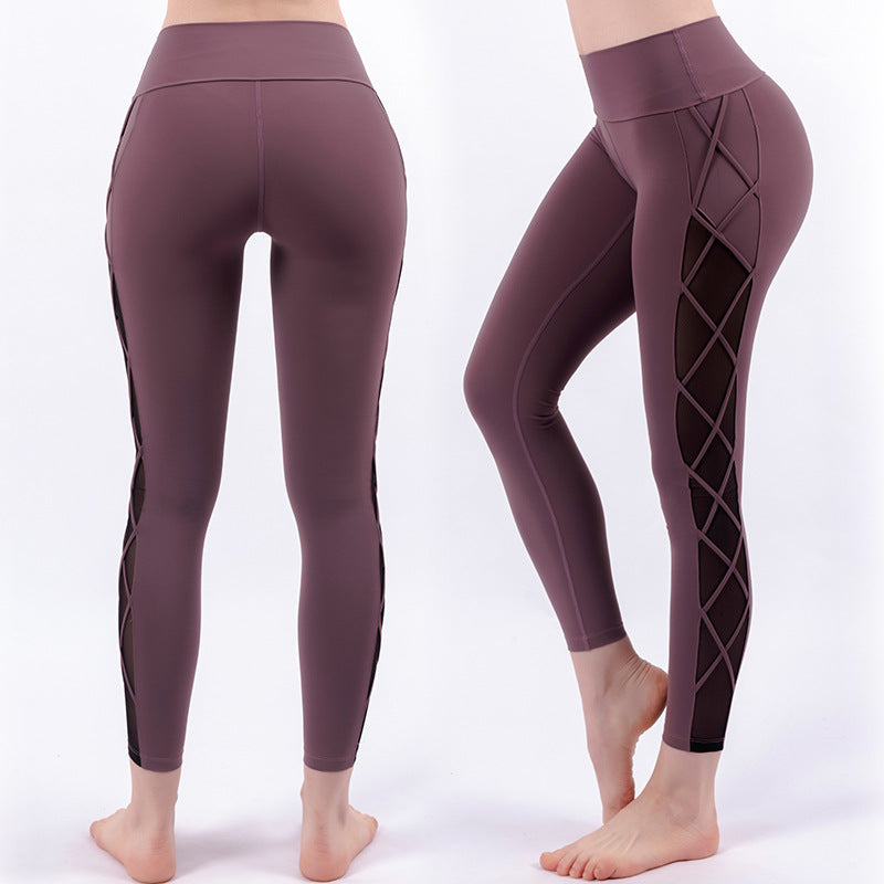 High-Waisted Leggings with Lattice Mesh Panels - Plum