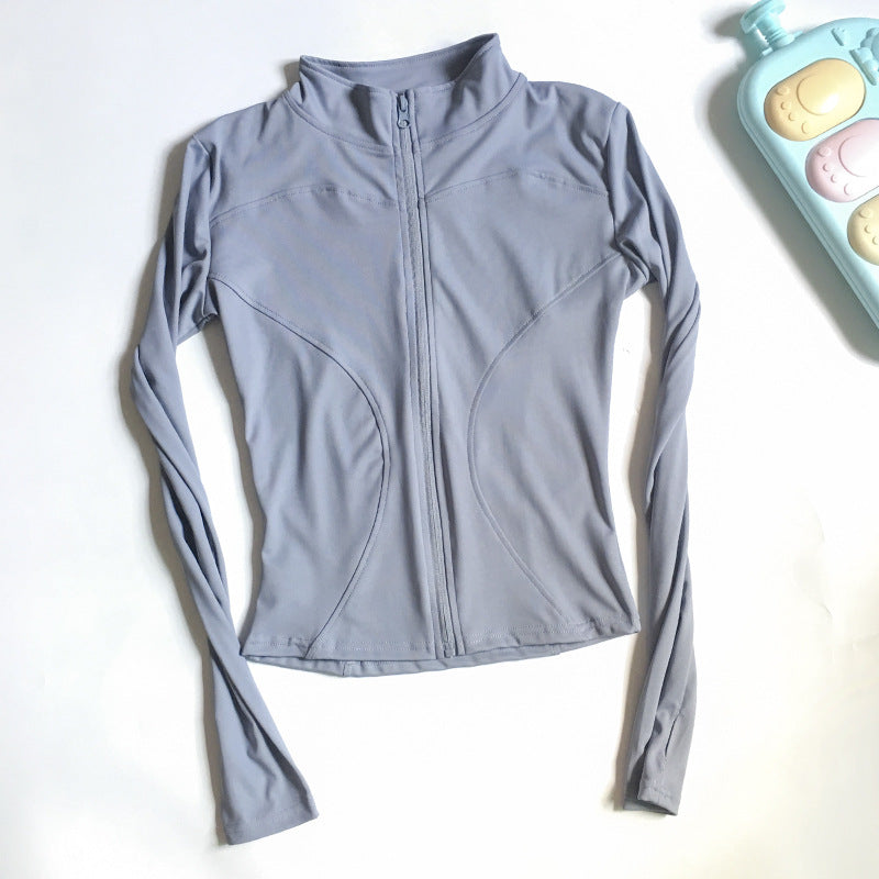 Stand-Collar Zip Jacket with Thumbholes - Blue Gray
