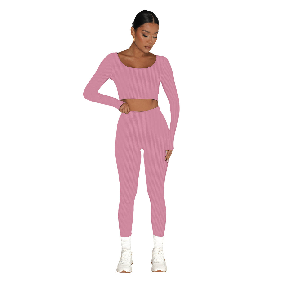Square-Neck Long Sleeve Crop Top and Leggings Set - Pink