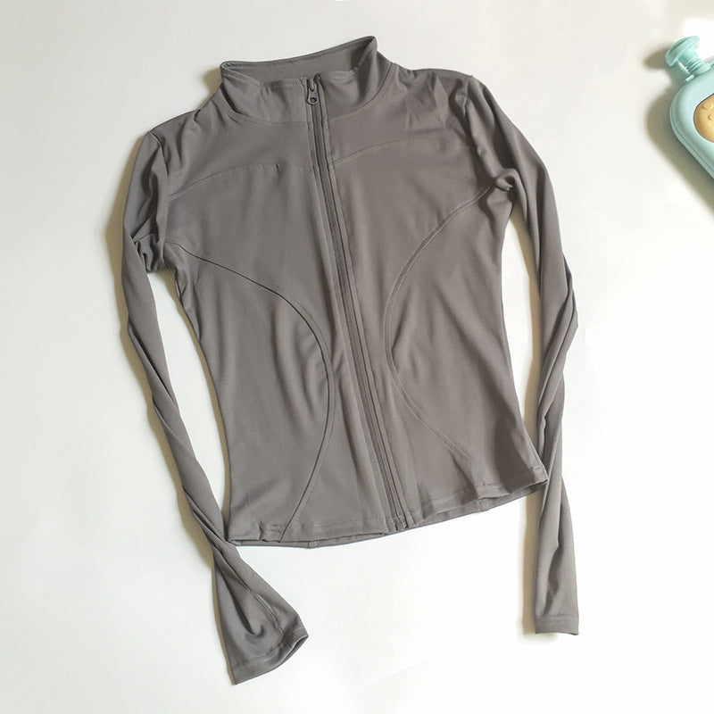 Stand-Collar Zip Jacket with Thumbholes - Gray