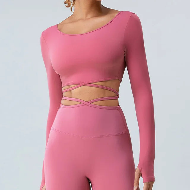 Long Sleeve Crop Top with Wraparound Ties - Pink