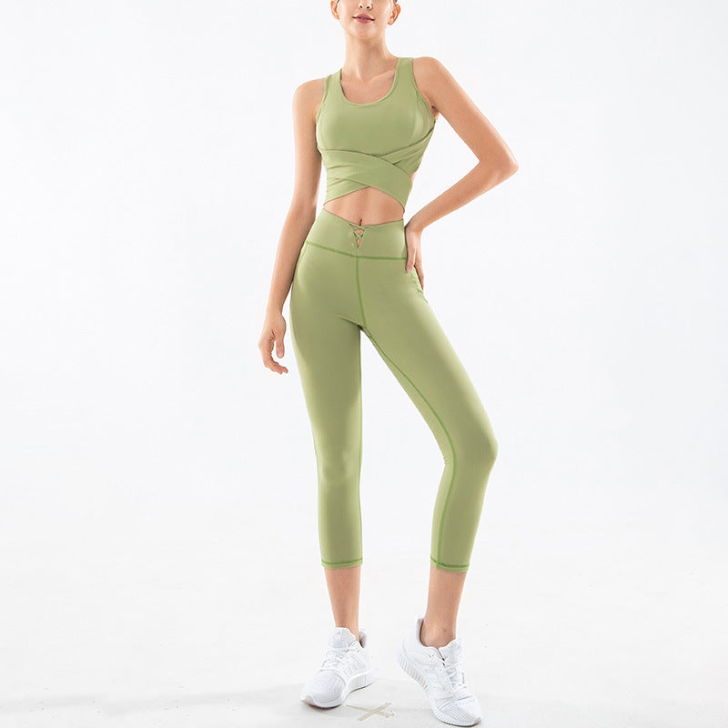 Tie-Back Crop Top and Ankle Leggings Set - Sage