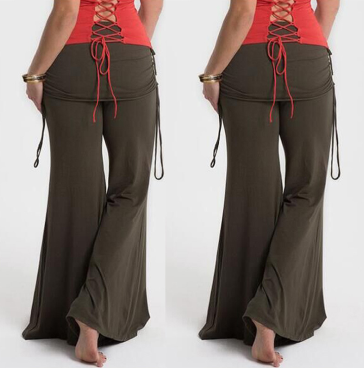 Wide-Leg Dance Pants with Gathered Waist Overlay - Olive Brown