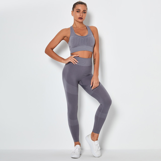 Ribbed Crop Top and Colorblock Leggings Set - Gray