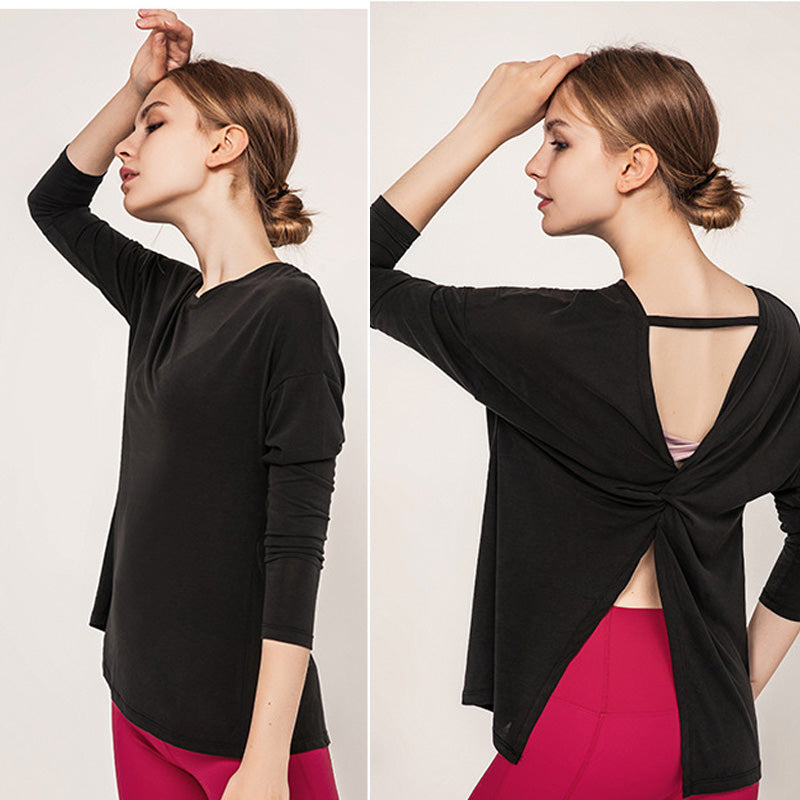 Long Sleeve Top with Tie-Back Opening - Black