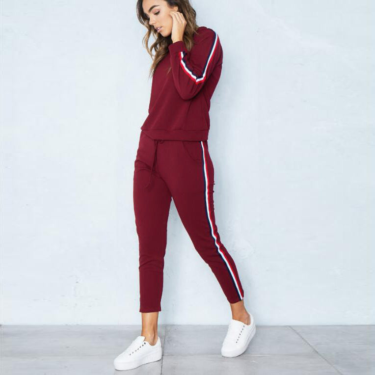 Long Sleeve Top and Side-Stripe Joggers Set - Burgundy