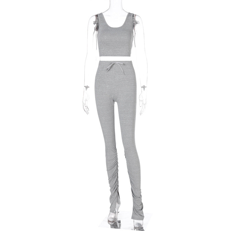 Sleeveless Crop Top and Ruched Pants Set - Gray
