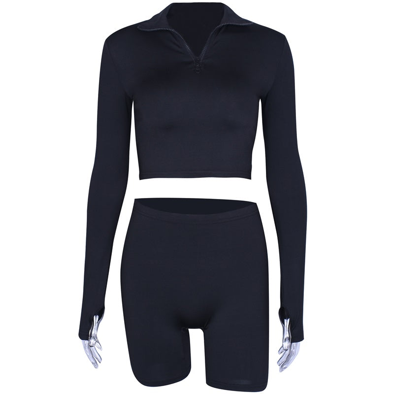Quarter-Zip Crop Top and Fitted Shorts Set - Black