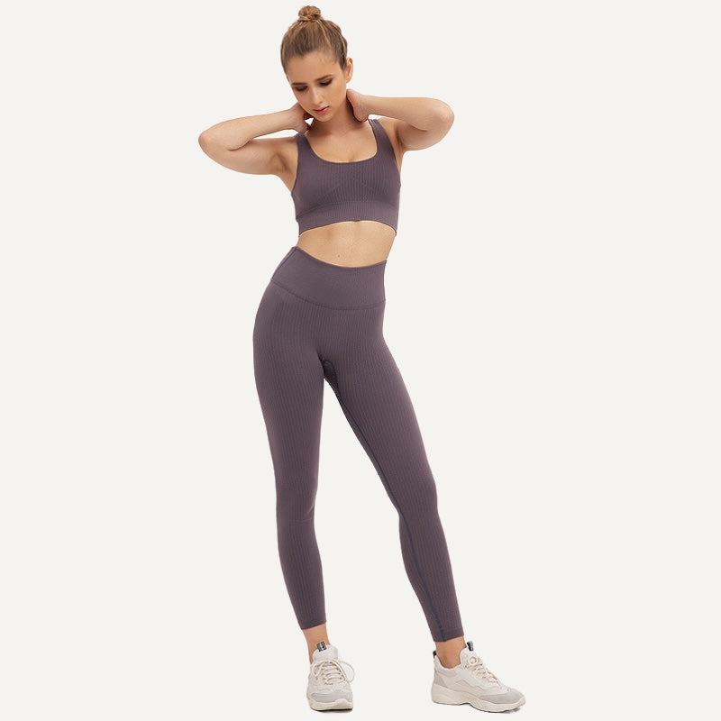 Ribbed High-Waisted Workout Leggings - Deep Purple