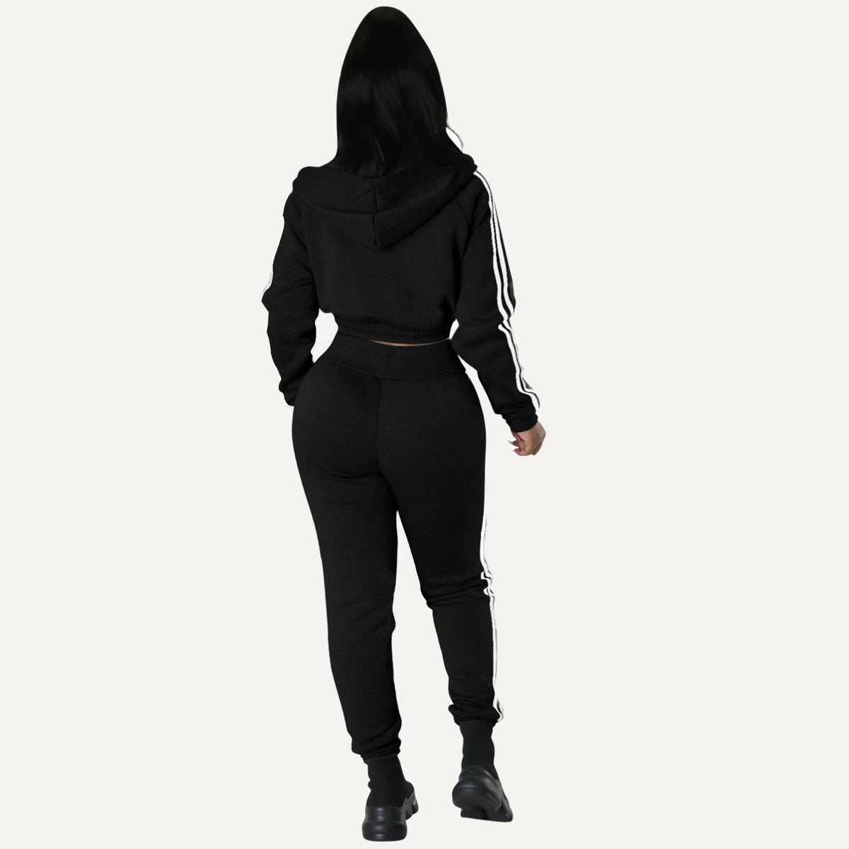 Striped-Sleeve Zip Hoodie and Joggers Set - full look