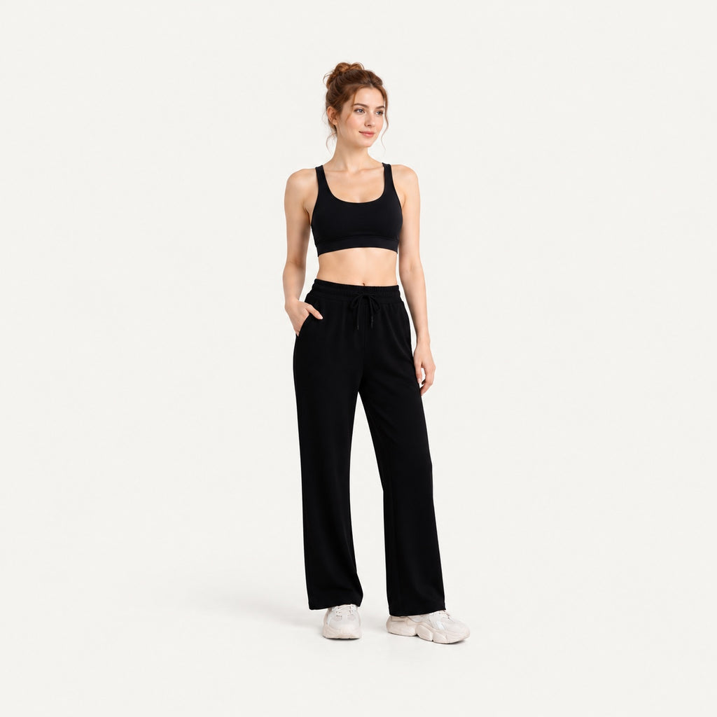 Drawstring Wide-Leg Workout Pants with Pockets - full look