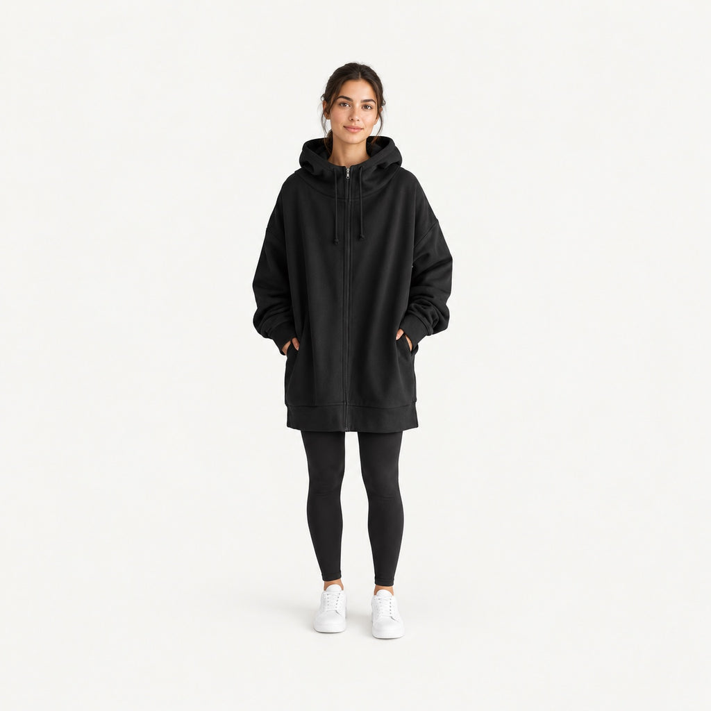 Longline Full-Zip Hoodie with Front Pockets - full look