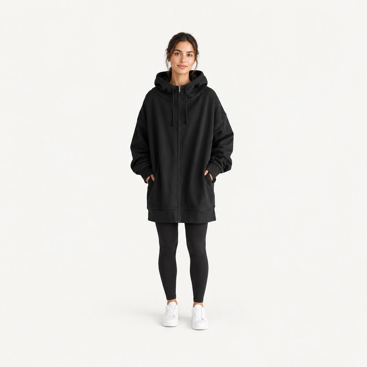 Longline Full-Zip Hoodie with Front Pockets - full look