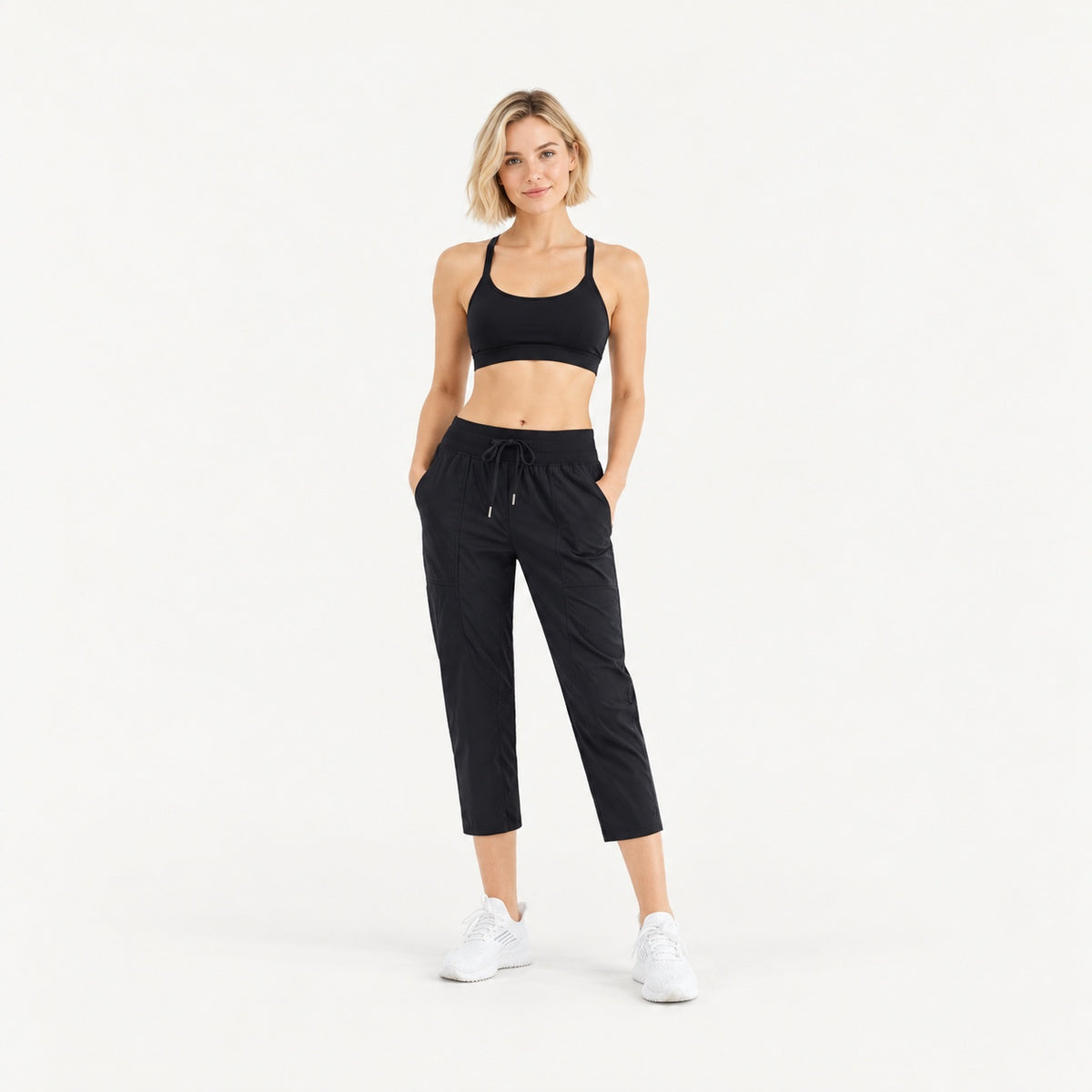 Cropped Drawstring Pants with Side Pockets - full look