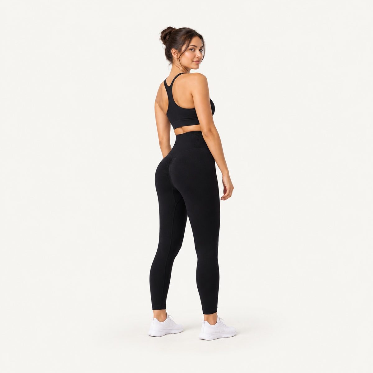 High-Waisted Workout Leggings with Ribbed Knit Panels - full look