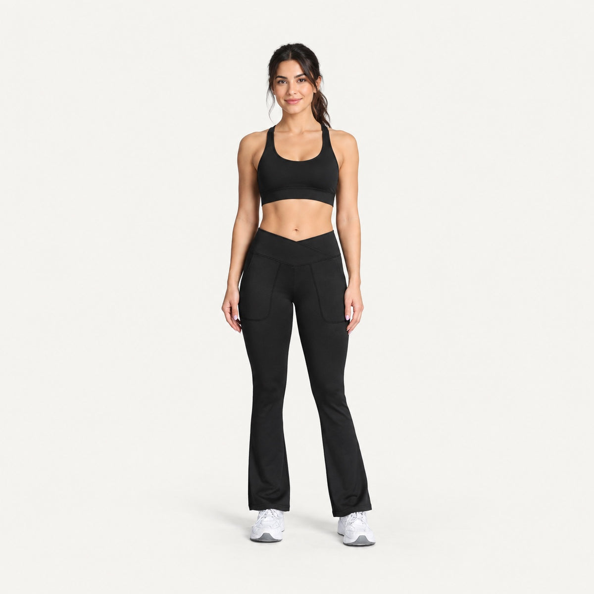 Crossover-Waist Flared Leggings with Side Pockets - full look