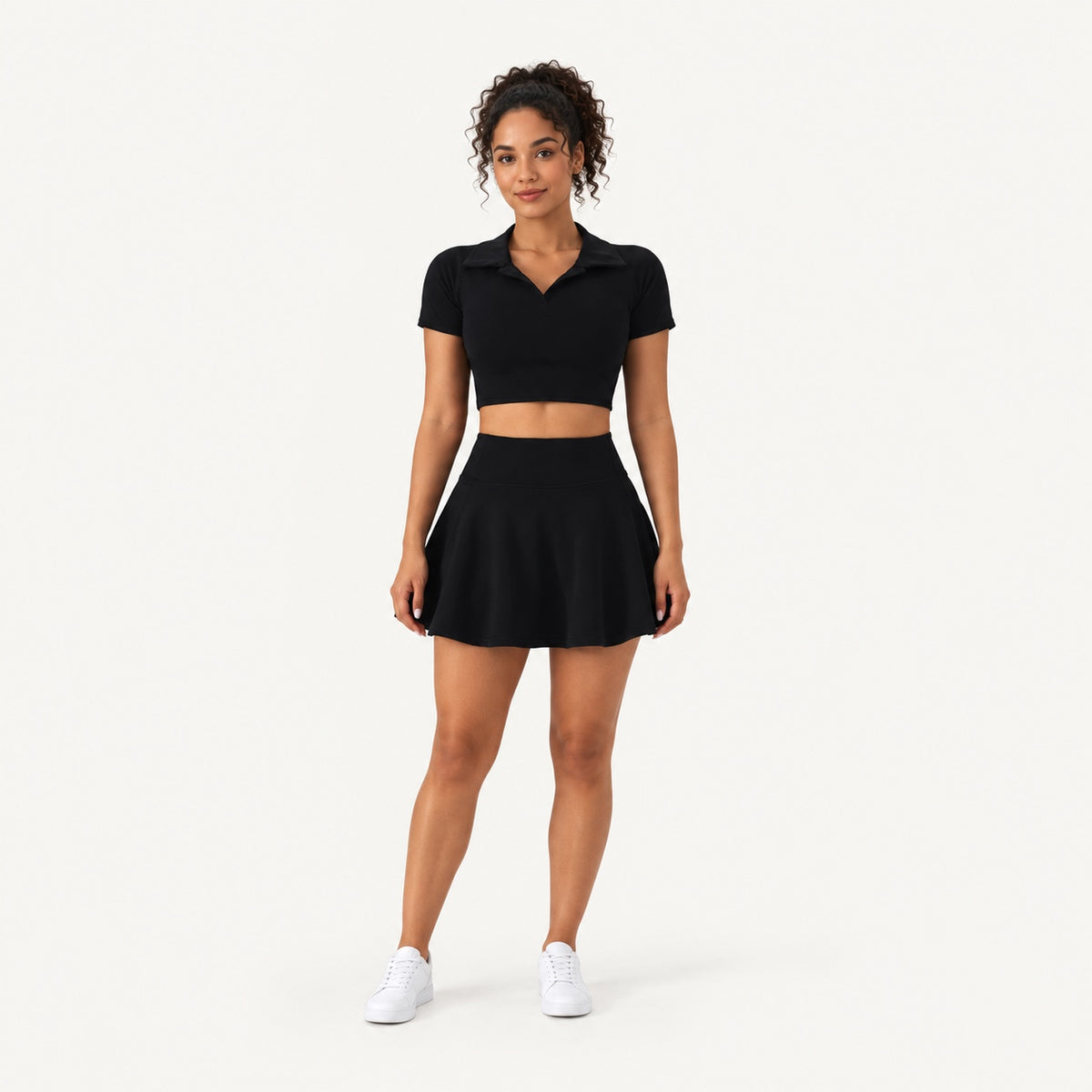 Collared Crop Top and Flared Skirt Set - full look