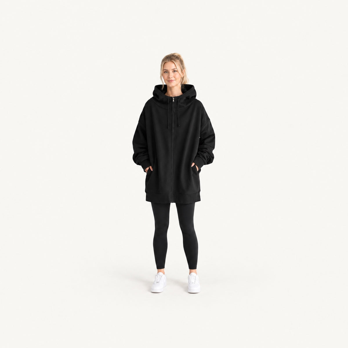 Long Fleece Hoodie with Half-Zip Front - full look