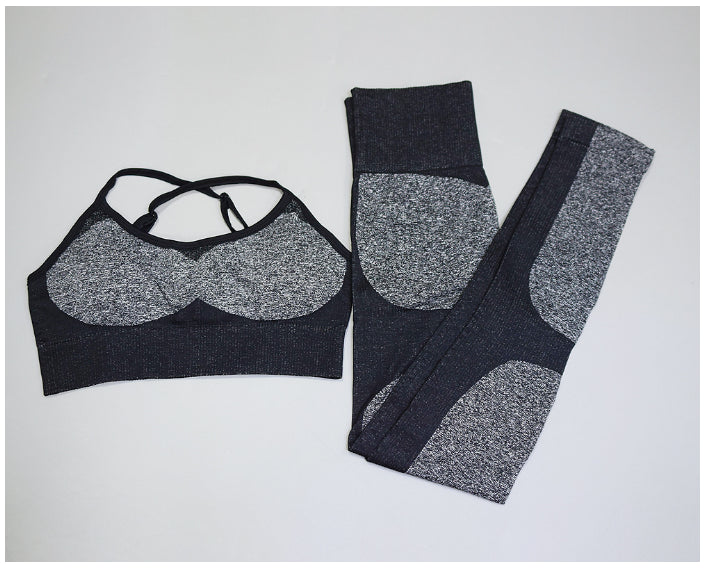 Cross-Back Sports Bra and Heathered-Panel Leggings Set - Black