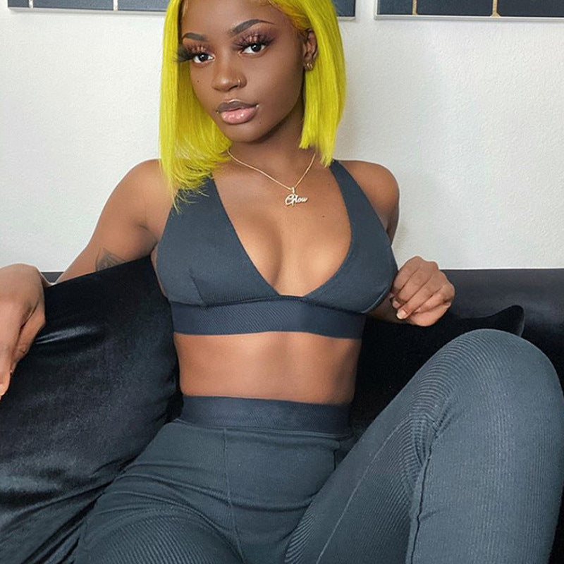 Deep V-Neck Bra and Contrast-Waist Leggings Set - Charcoal