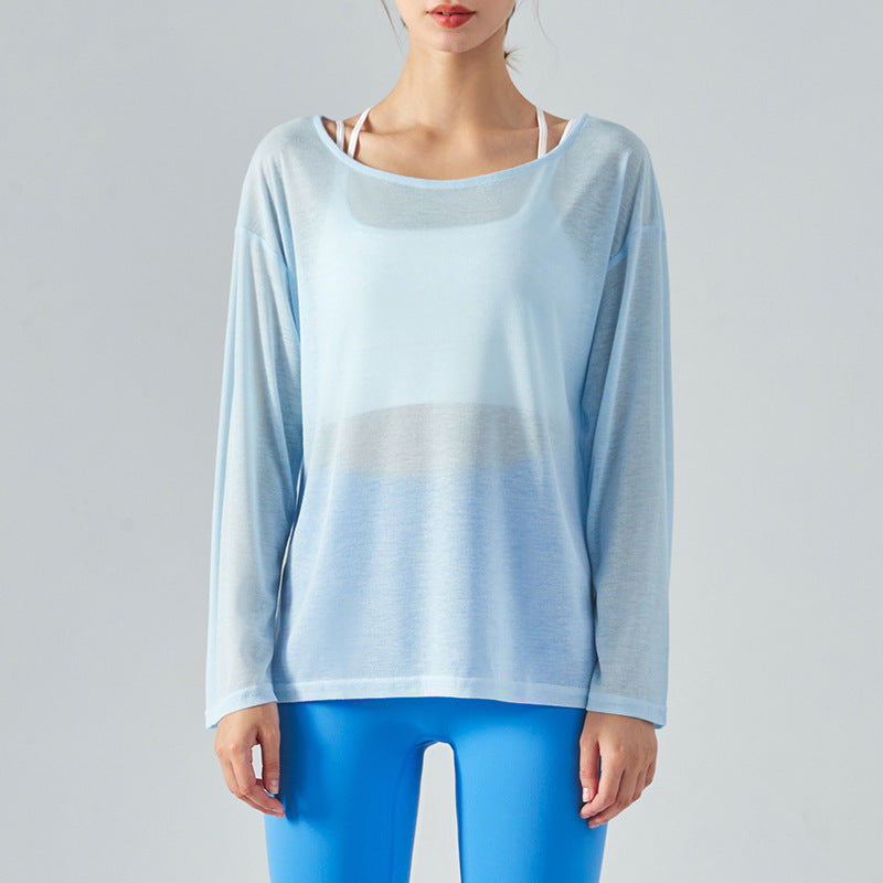 Sheer Long Sleeve Top with Wide Neckline - Light Blue