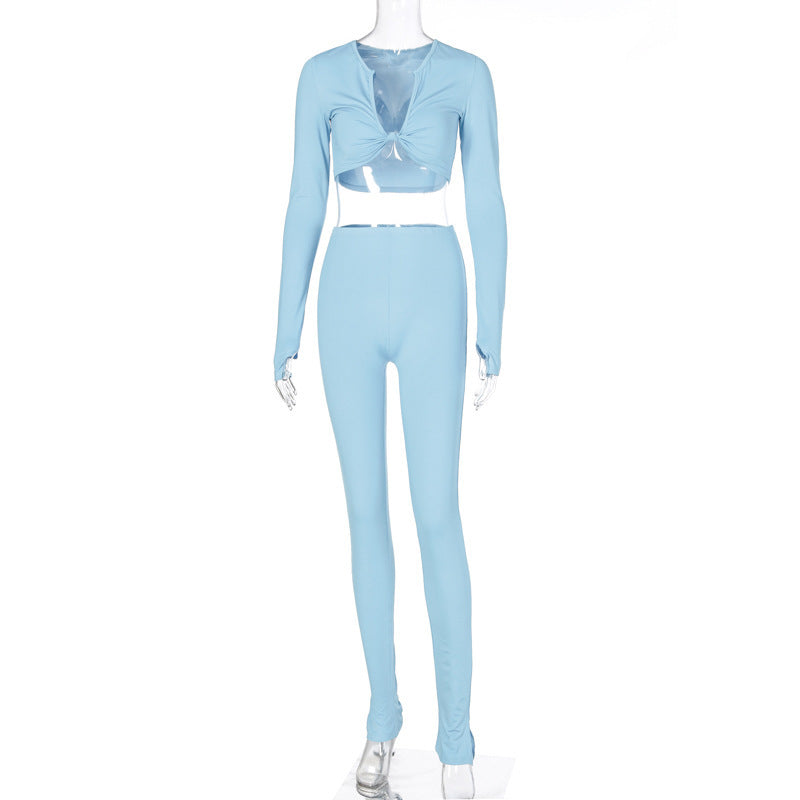 Long Sleeve Twist-Front Top and Leggings Set - Light Blue