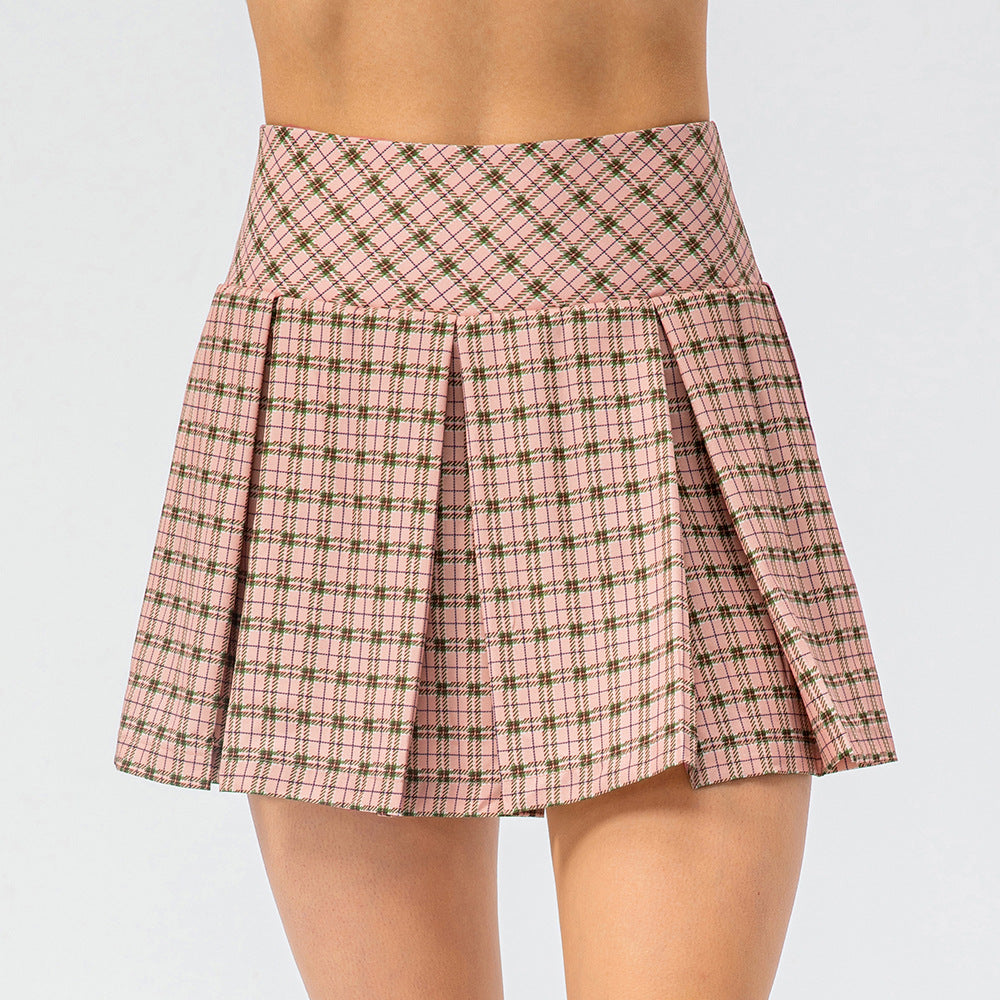 High-Waisted Pleated Tennis Skort - Pink Plaid