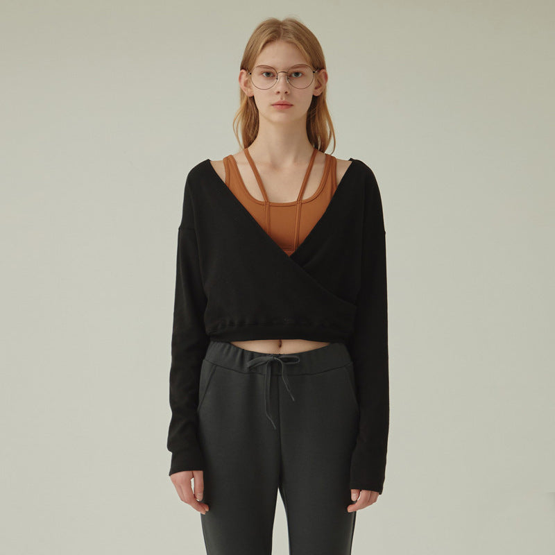 Long Sleeve Crop Top with Crossover Neckline - Black