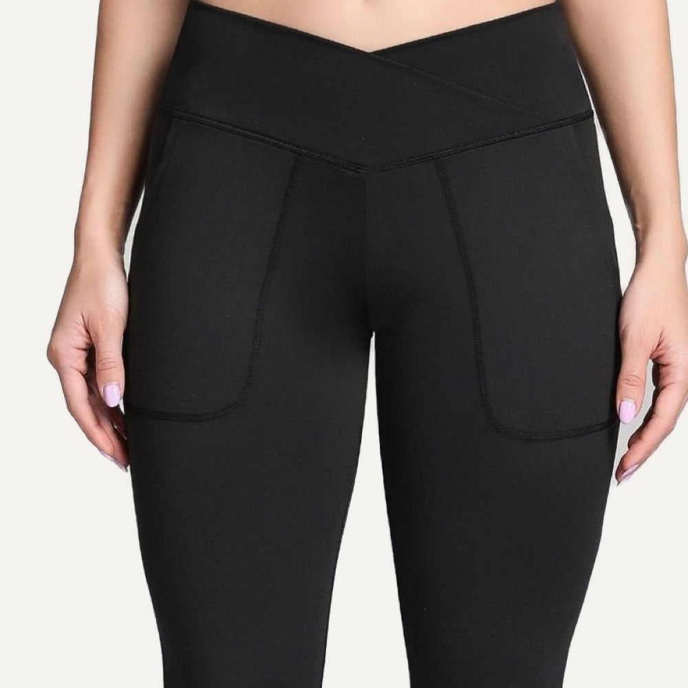 Crossover-Waist Flared Leggings with Side Pockets - detail