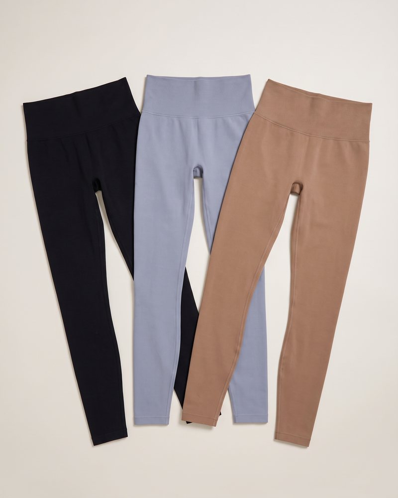 Leggings Trio: three high-waisted leggings in black, gray and latte